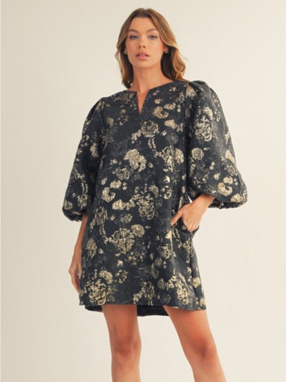 Jodifl Black Shift Dress with Gold Floral Jacquard Puff Sleeves NWOT Small